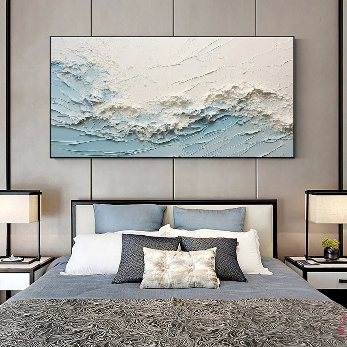 Serene Seascape hand-painted white, beige and ocean blue textured coastal abstract painting shown with wood frame