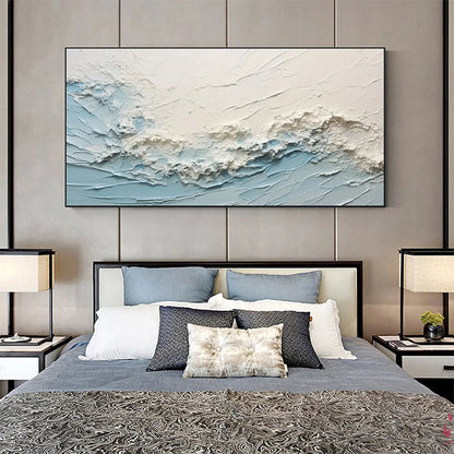 Serene Seascape hand-painted white, beige and ocean blue textured coastal abstract painting shown with wood frame