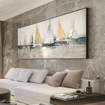 Golden Regatta hand-painted gold and ivory textured sailboat seascape painting shown with white frame