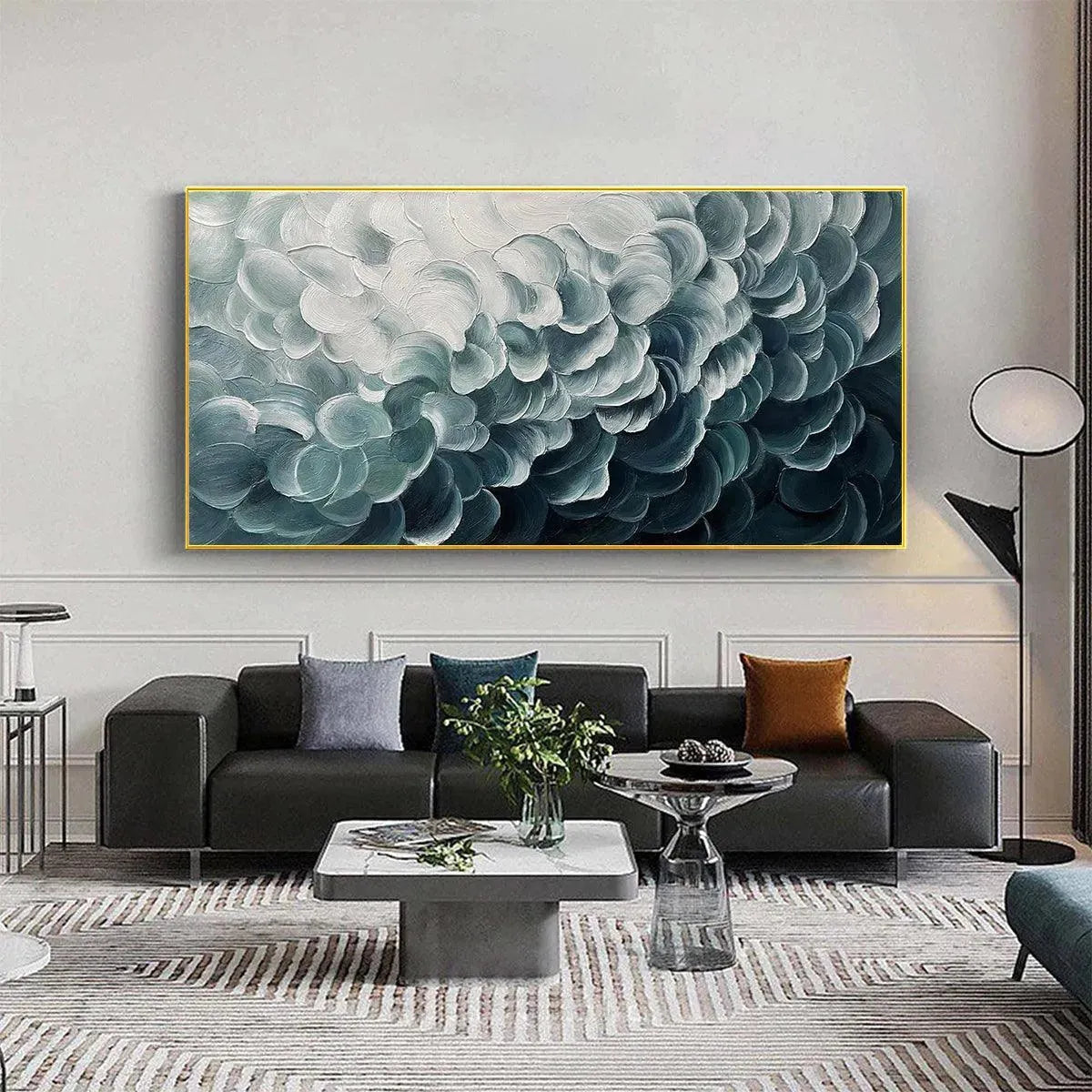 Mediterranean Breeze hand-painted white and teal textured coastal abstract painting shown as stretched canvas