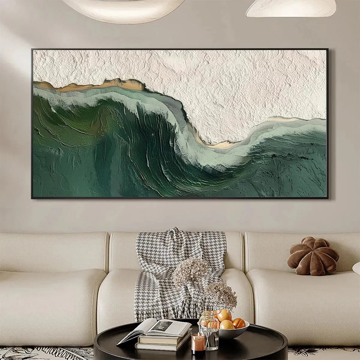 Emerald Depths hand-painted white and emerald green textured ocean wave painting shown with white frame