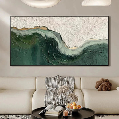 Emerald Depths hand-painted white and emerald green textured ocean wave painting shown with white frame