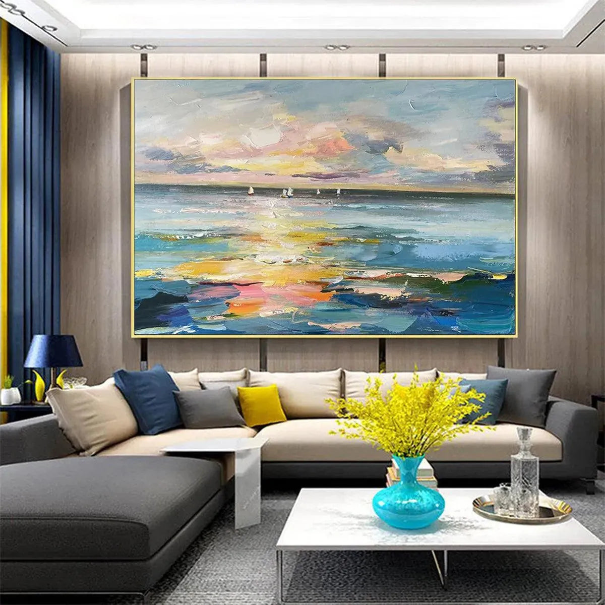 Sunset Sail hand-painted ocean blue, ivory and soft neutral tones textured sailboat seascape painting shown as stretched canvas