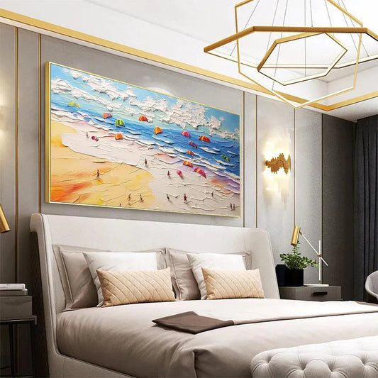Seaside Celebration hand-painted sand and ivory textured beach scene painting shown as stretched canvas