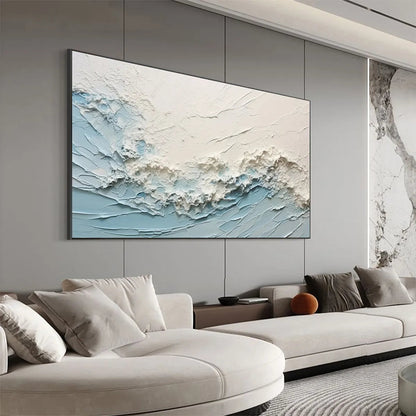Serene Seascape hand-painted white, beige and ocean blue textured coastal abstract painting shown with black frame