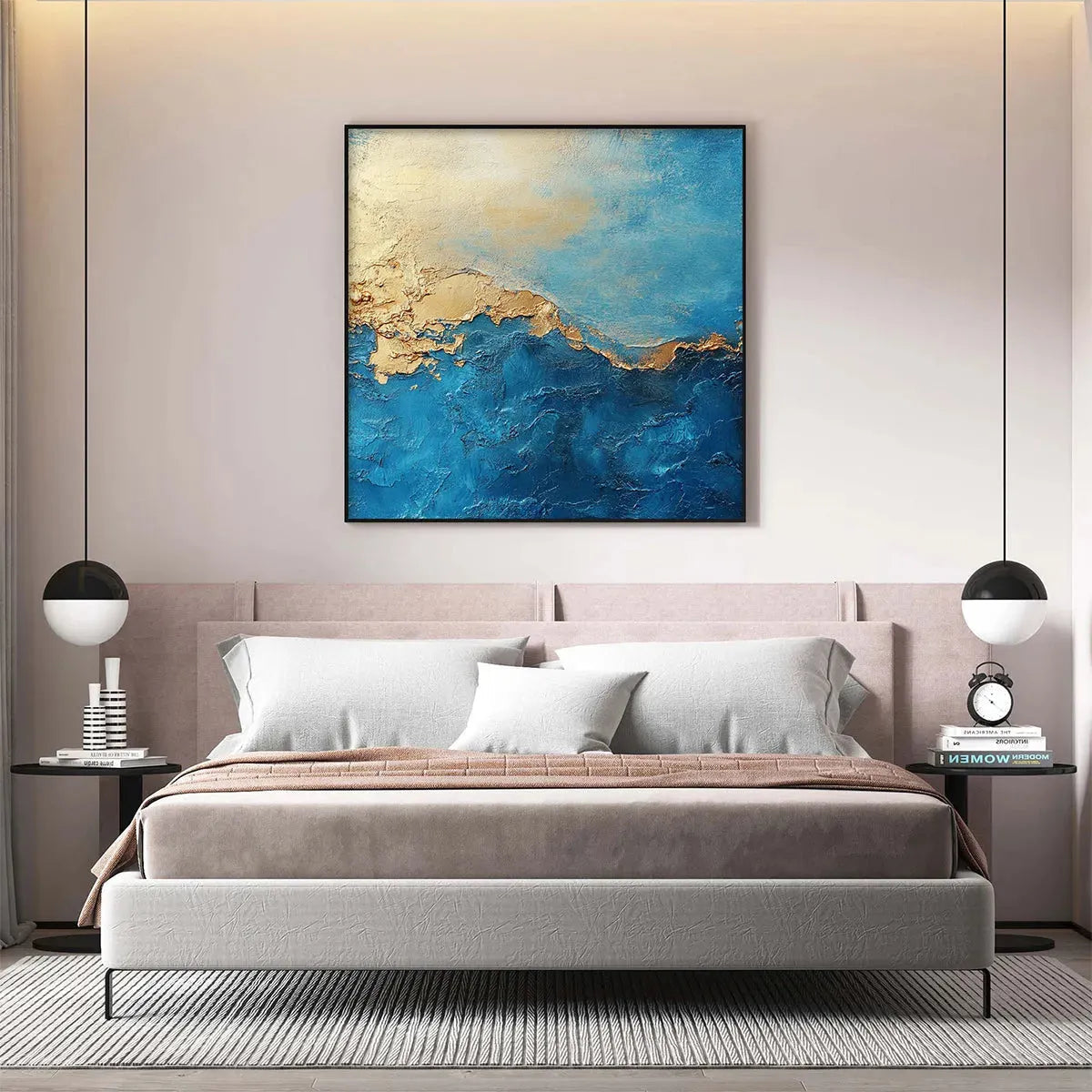 Gilded Tidepool hand-painted ocean blue and gold textured coastal abstract painting shown with black frame