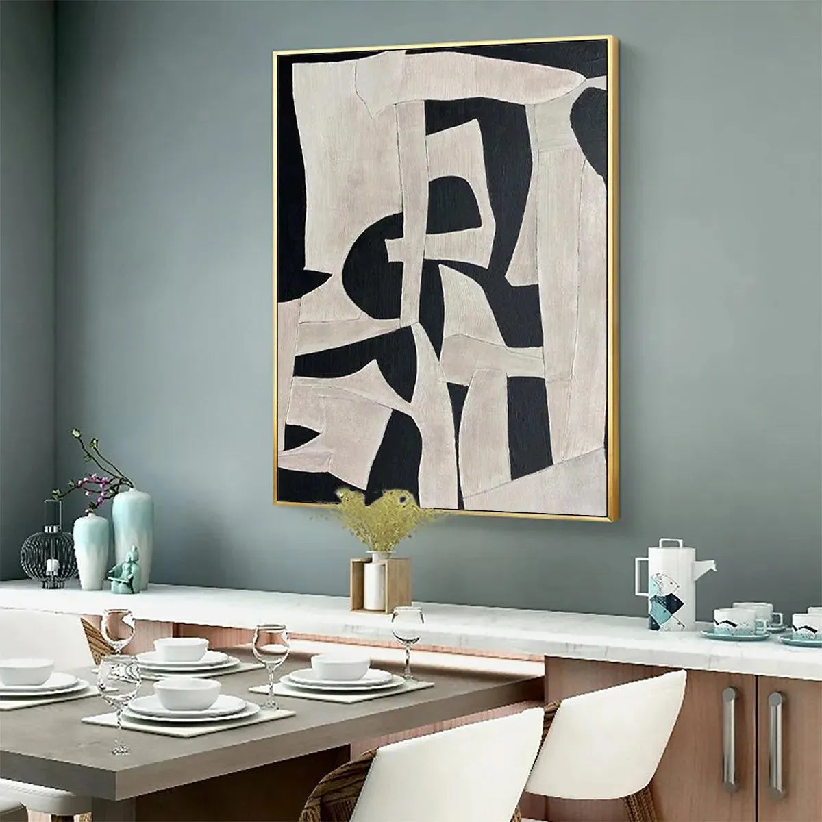 Black and White Wabi-Sabi Abstract Oil Painting – Black And White Abstract