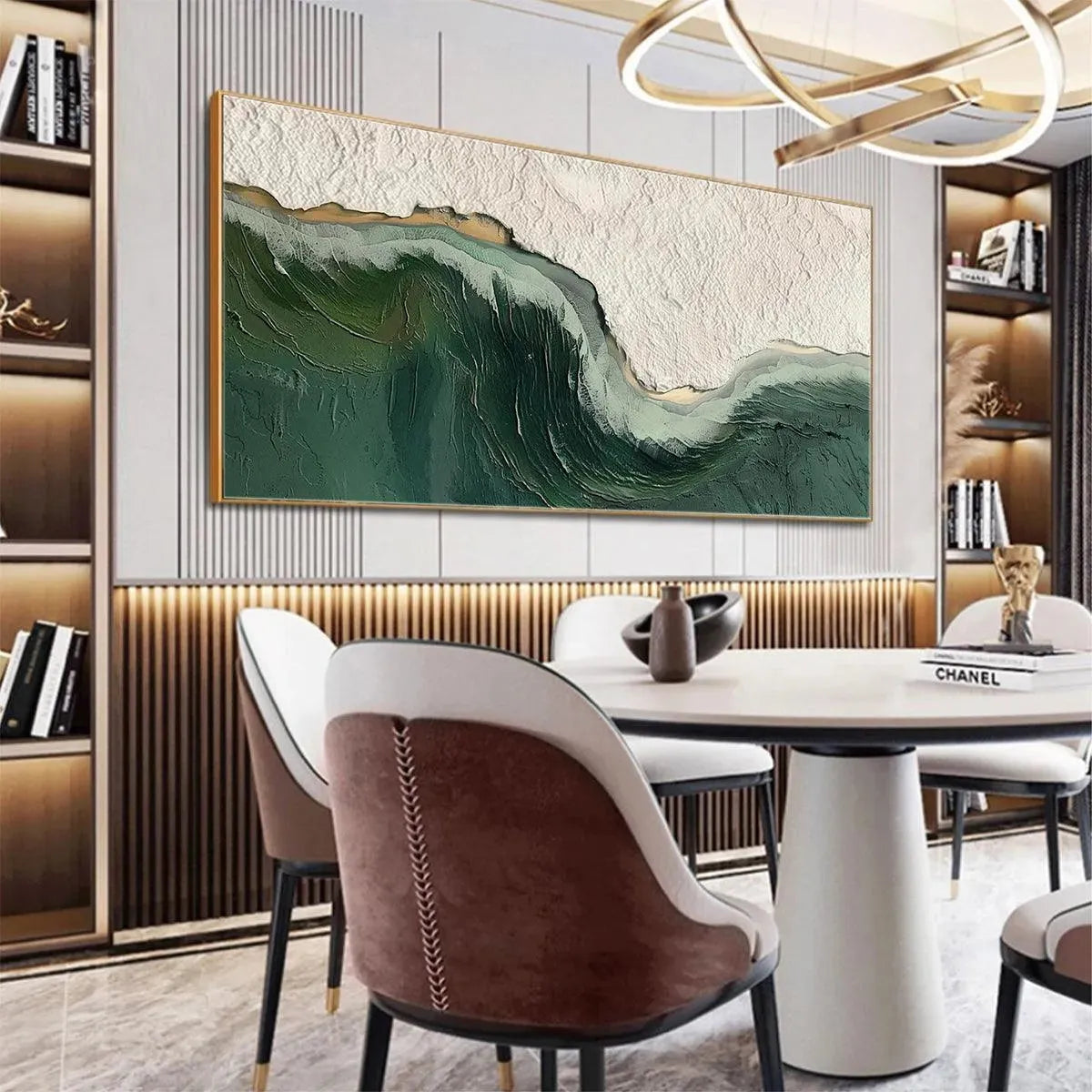 Emerald Depths hand-painted white and emerald green textured ocean wave painting shown with wood frame