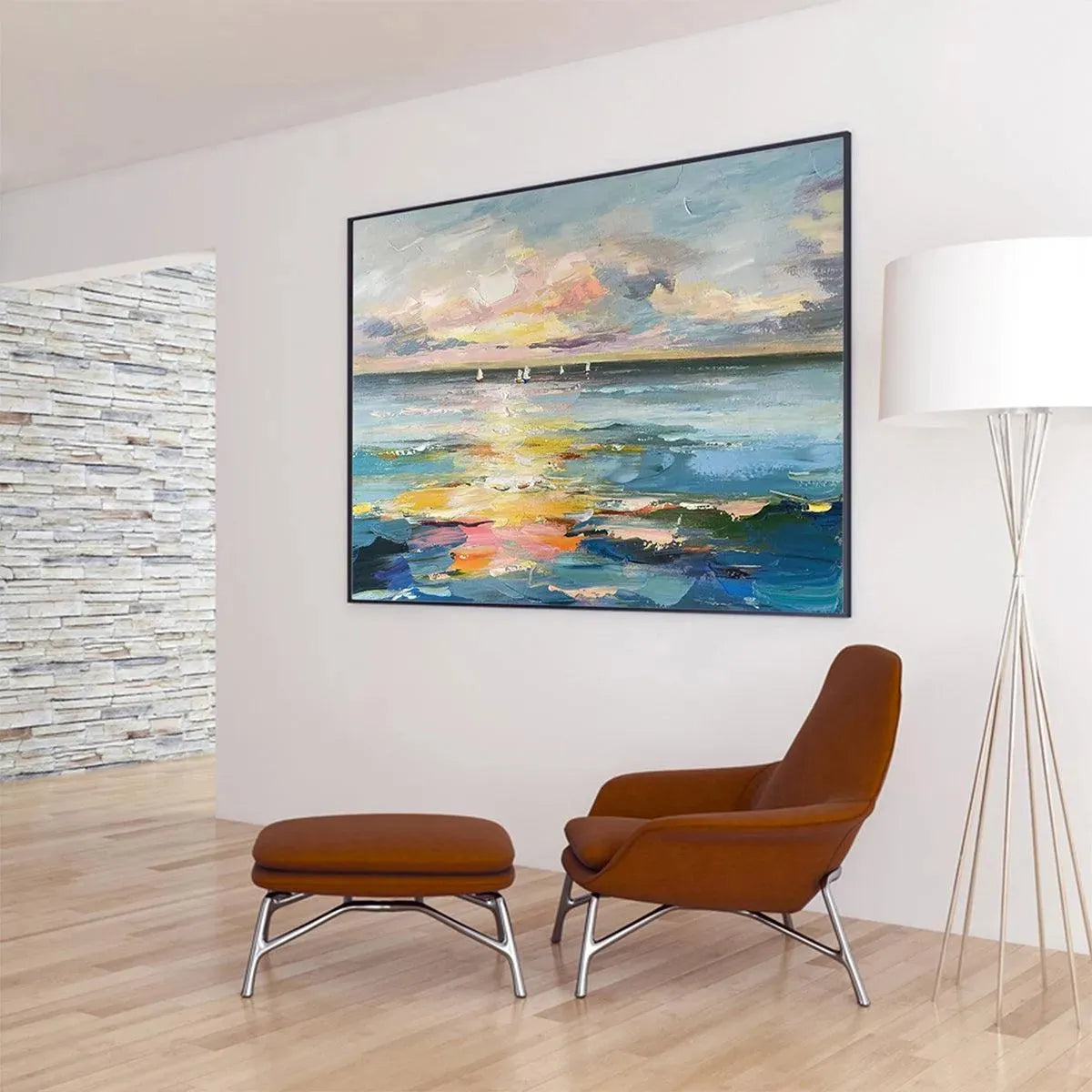 Sunset Sail hand-painted ocean blue, ivory and soft neutral tones textured sailboat seascape painting shown with white frame