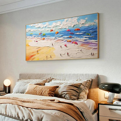 Seaside Celebration hand-painted sand and ivory textured beach scene painting shown with black frame