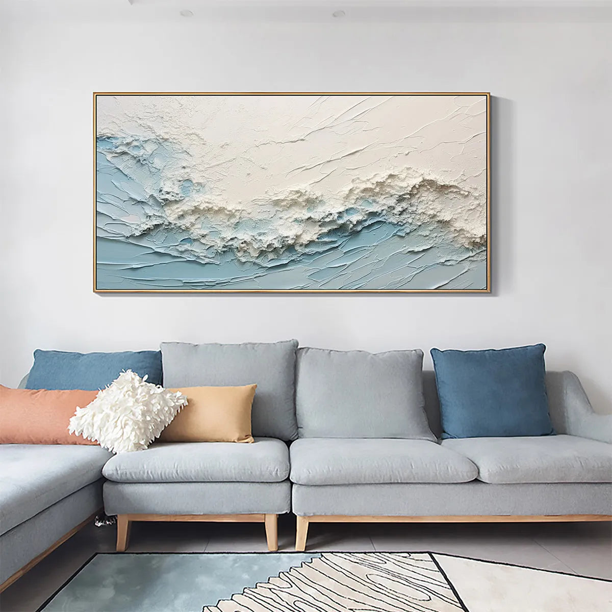 Serene Seascape hand-painted white, beige and ocean blue textured coastal abstract painting shown as stretched canvas