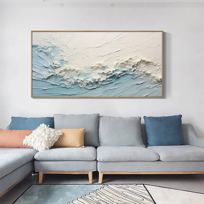 Serene Seascape hand-painted white, beige and ocean blue textured coastal abstract painting shown as stretched canvas