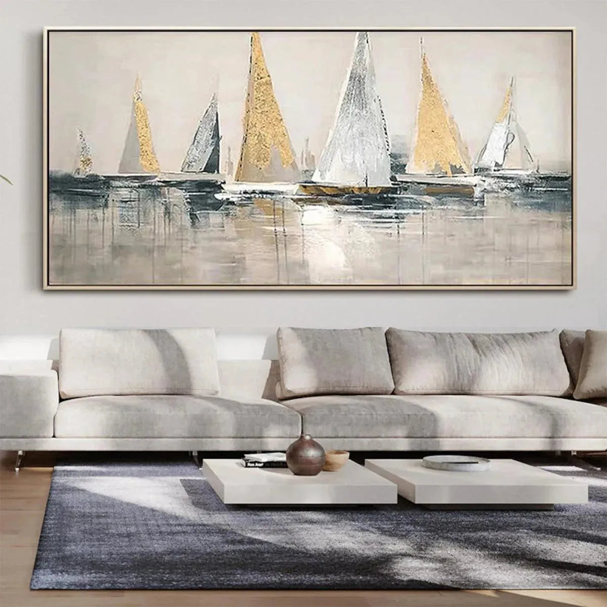 Golden Regatta hand-painted gold and ivory textured sailboat seascape painting shown with black frame