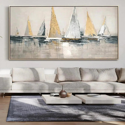 Golden Regatta hand-painted gold and ivory textured sailboat seascape painting shown with black frame