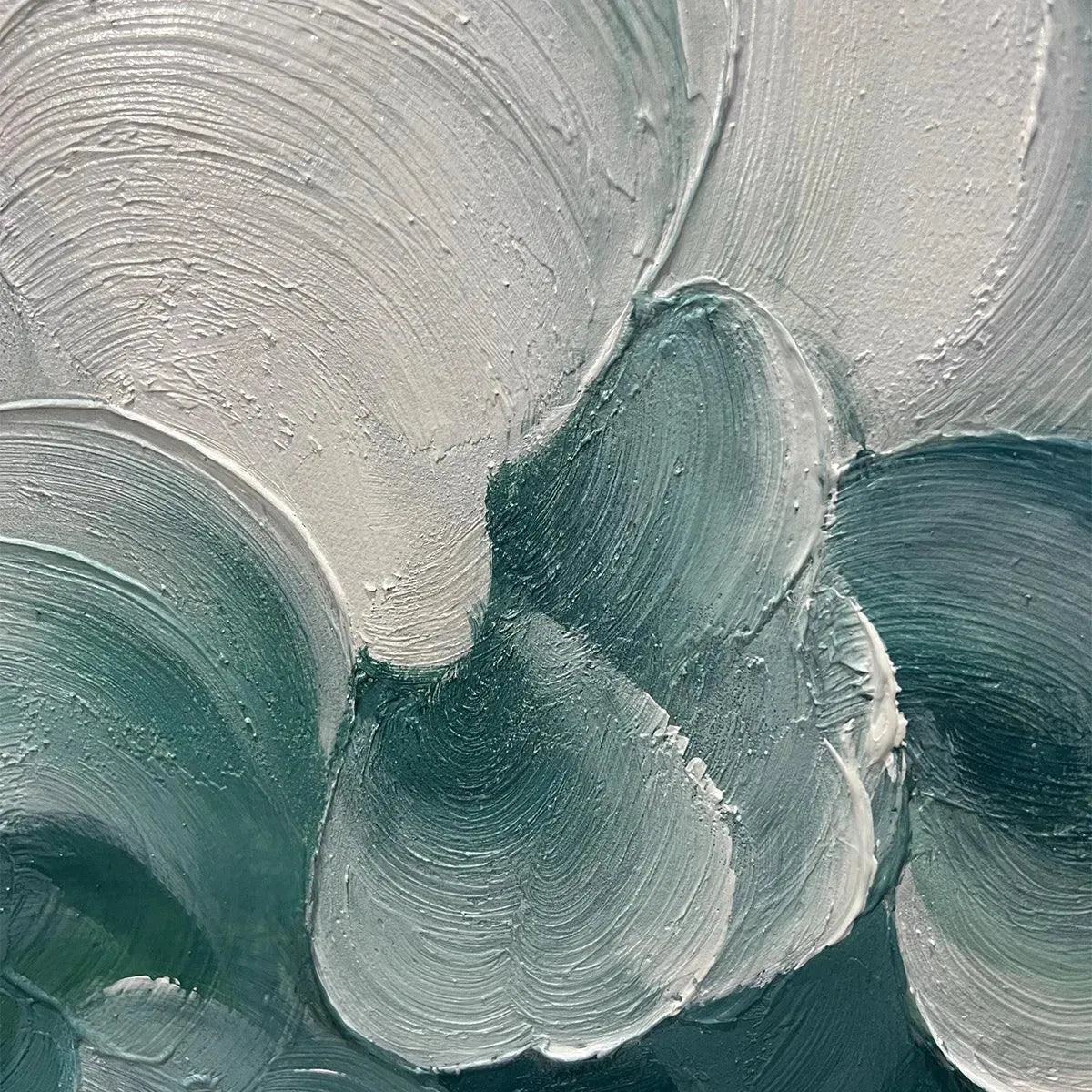 Mediterranean Breeze hand-painted white and teal textured coastal abstract painting shown with gold frame