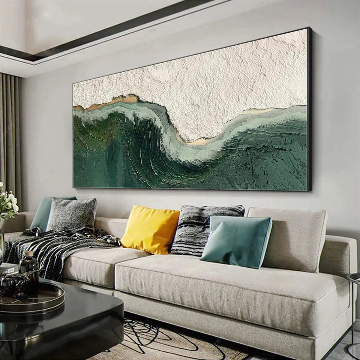 Emerald Depths hand-painted white and emerald green textured ocean wave painting shown as stretched canvas