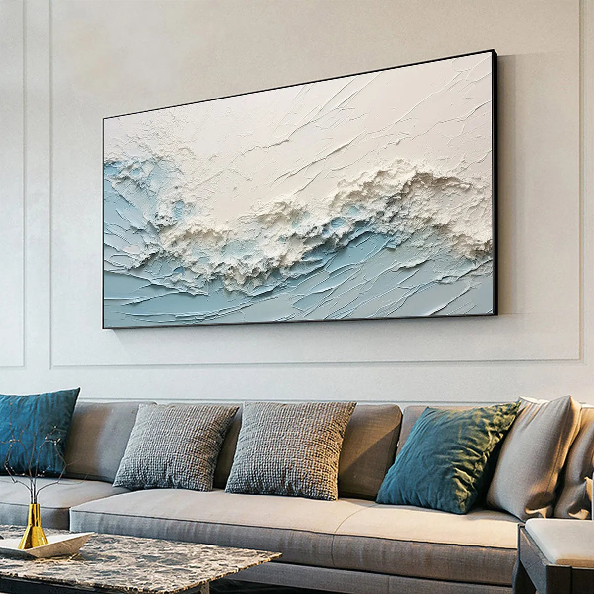 Serene Seascape hand-painted white, beige and ocean blue textured coastal abstract painting shown with white frame