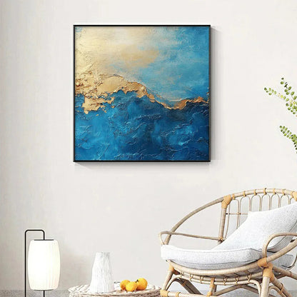 Gilded Tidepool hand-painted ocean blue and gold textured coastal abstract painting rolled canvas option