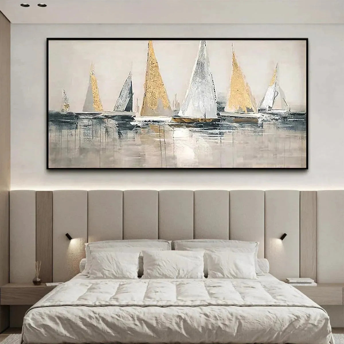 Golden Regatta hand-painted gold and ivory textured sailboat seascape painting shown with wood frame