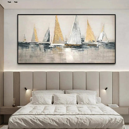 Golden Regatta hand-painted gold and ivory textured sailboat seascape painting shown with wood frame
