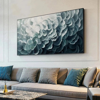 Mediterranean Breeze hand-painted white and teal textured coastal abstract painting shown with wood frame