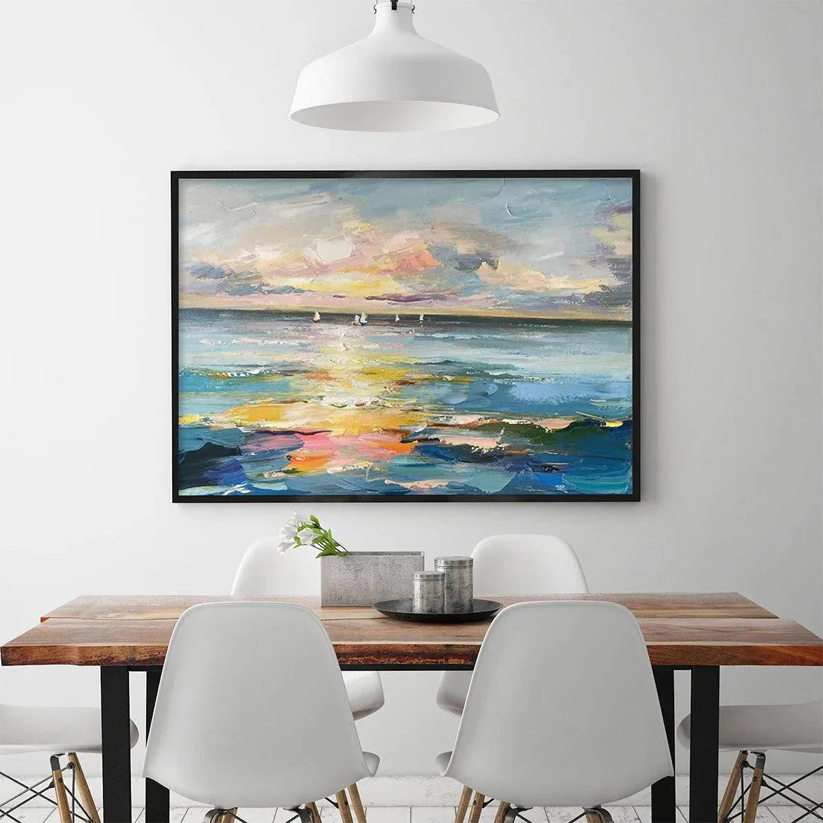 Sunset Sail hand-painted ocean blue, ivory and soft neutral tones textured sailboat seascape painting shown as stretched canvas