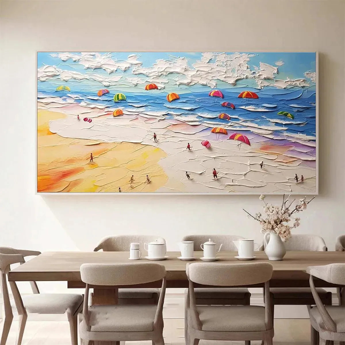 Seaside Celebration hand-painted sand and ivory textured beach scene painting shown with white frame