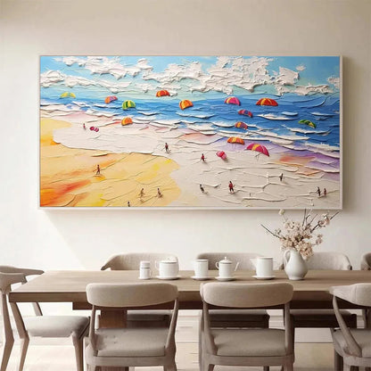 Seaside Celebration hand-painted sand and ivory textured beach scene painting shown with white frame