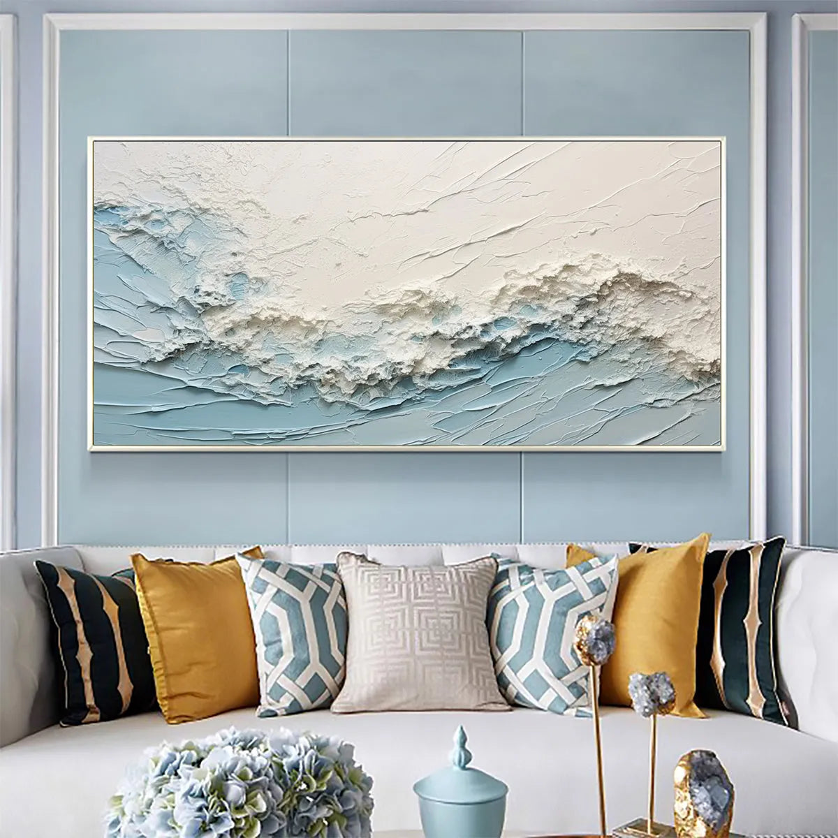 Serene Seascape hand-painted white, beige and ocean blue textured coastal abstract painting shown as stretched canvas