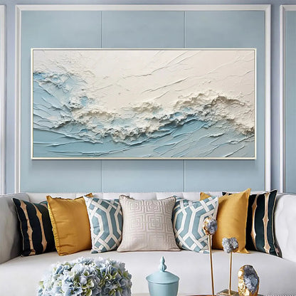 Serene Seascape hand-painted white, beige and ocean blue textured coastal abstract painting shown as stretched canvas