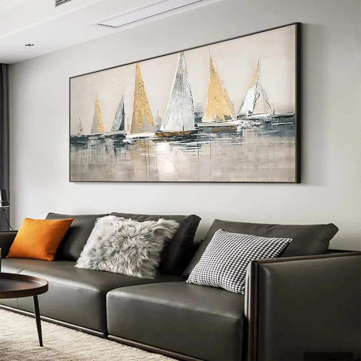 Golden Regatta hand-painted gold and ivory textured sailboat seascape painting rolled canvas option
