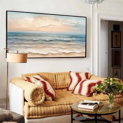 Coastal Serenity hand-painted ocean blue, ivory and soft neutral tones textured seascape painting rolled canvas option