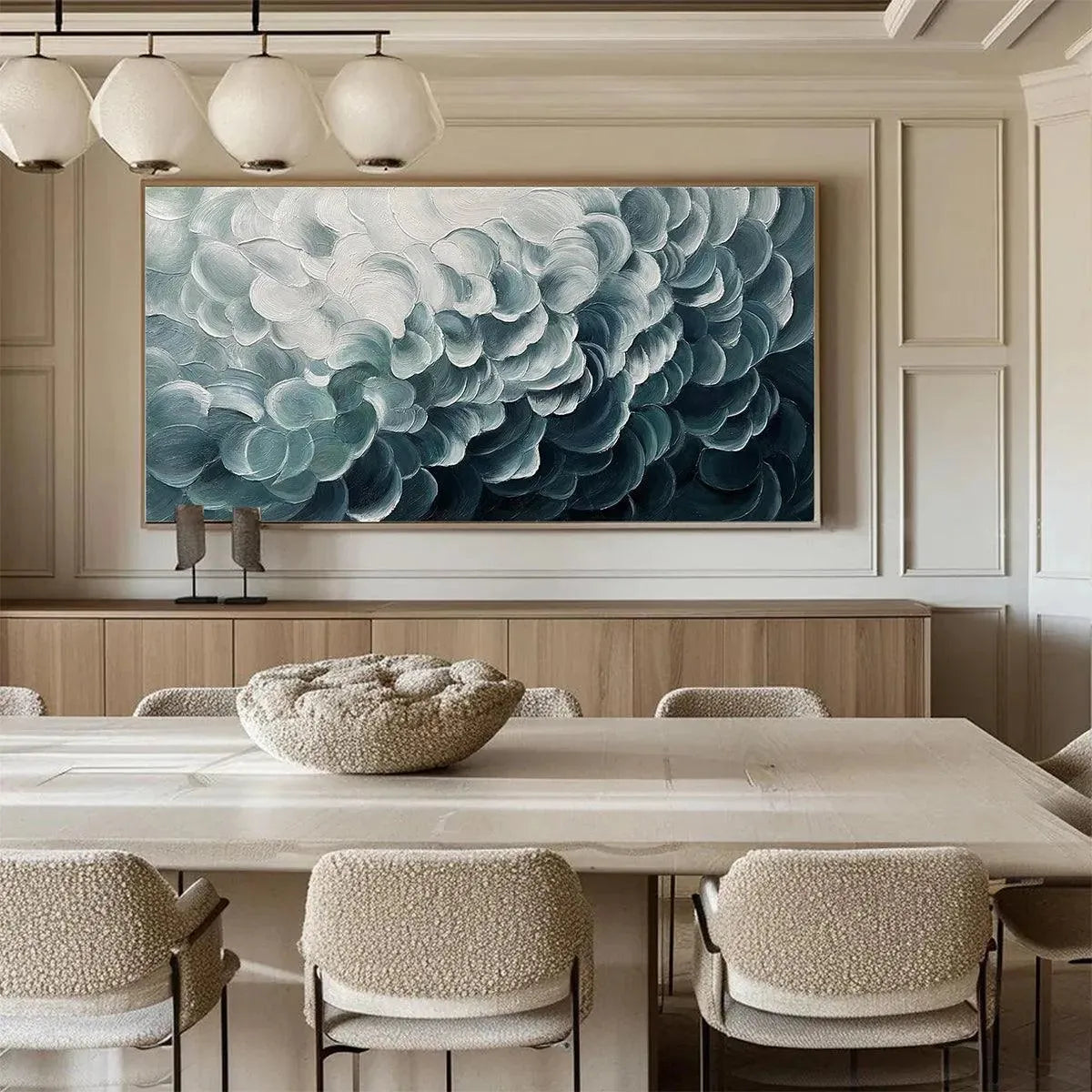 Mediterranean Breeze hand-painted white and teal textured coastal abstract painting shown as stretched canvas