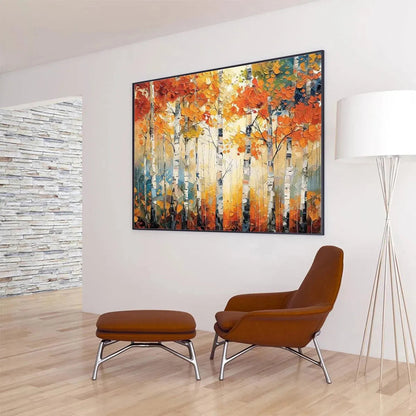 Autumn Aspen hand-painted white and gold textured forest landscape painting shown with white frame