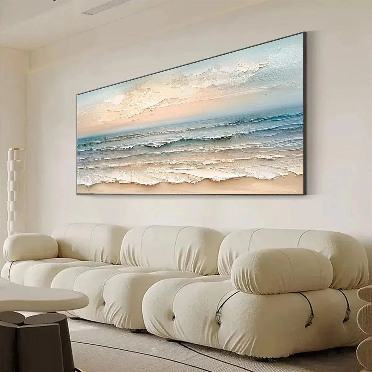 Coastal Serenity hand-painted ocean blue, ivory and soft neutral tones textured seascape painting shown with white frame