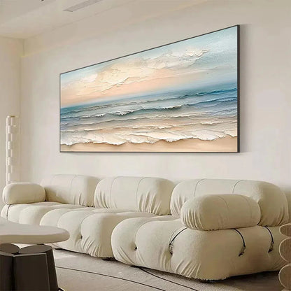Coastal Serenity hand-painted ocean blue, ivory and soft neutral tones textured seascape painting shown with white frame
