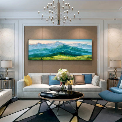 Emerald Valley Vista hand-painted emerald green and ivory textured mountain valley painting shown with white frame