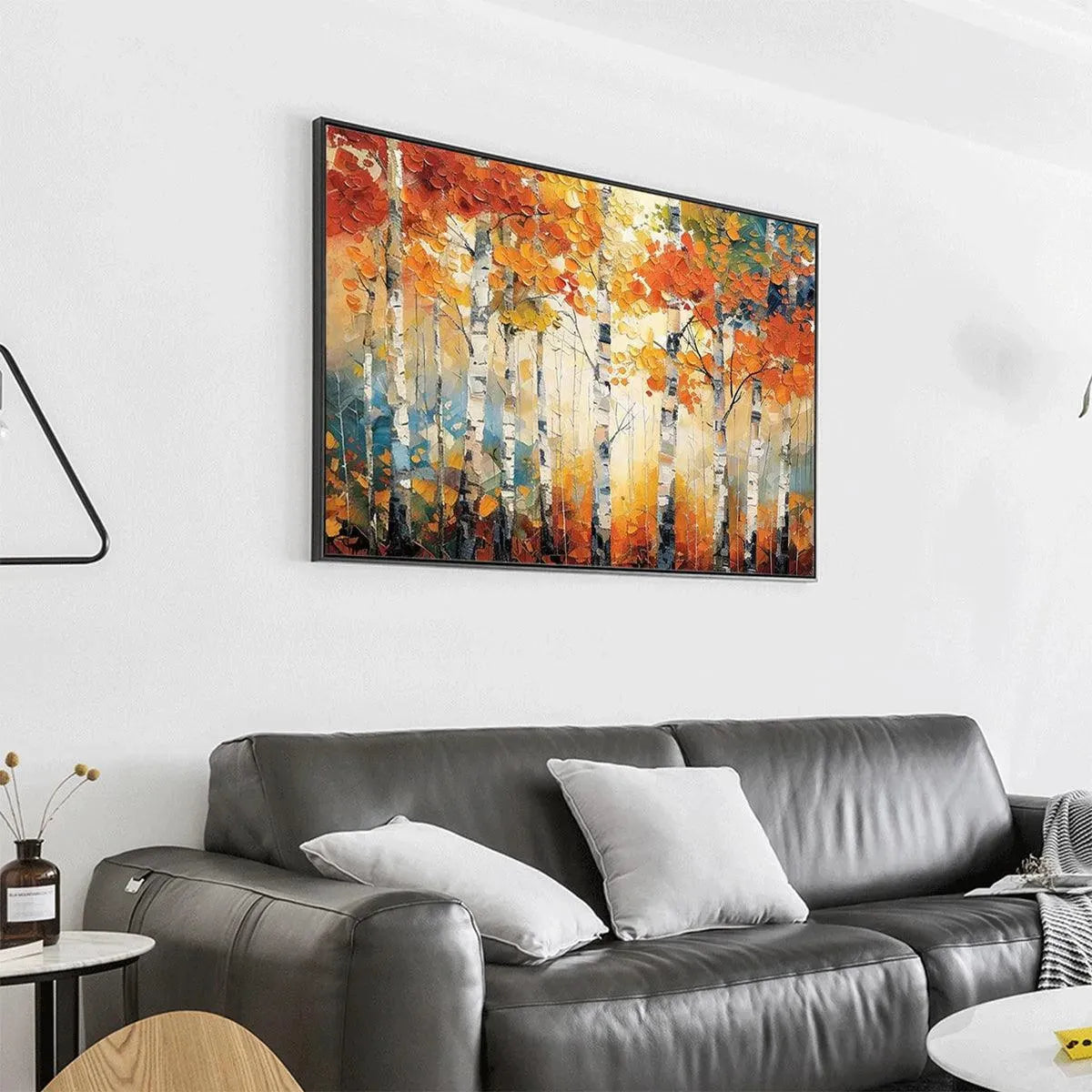 Autumn Aspen hand-painted white and gold textured forest landscape painting shown with black frame