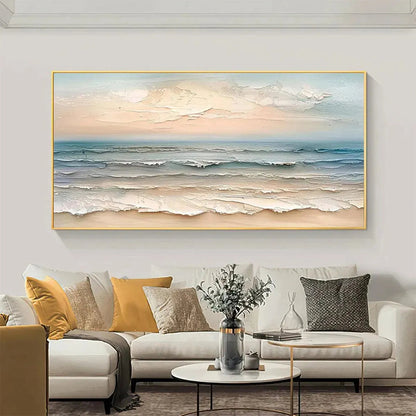 Coastal Serenity hand-painted ocean blue, ivory and soft neutral tones textured seascape painting shown with black frame