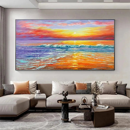 Tropical Sunset Beach hand-painted ocean blue, ivory and soft neutral tones textured sunset seascape painting shown with wood frame