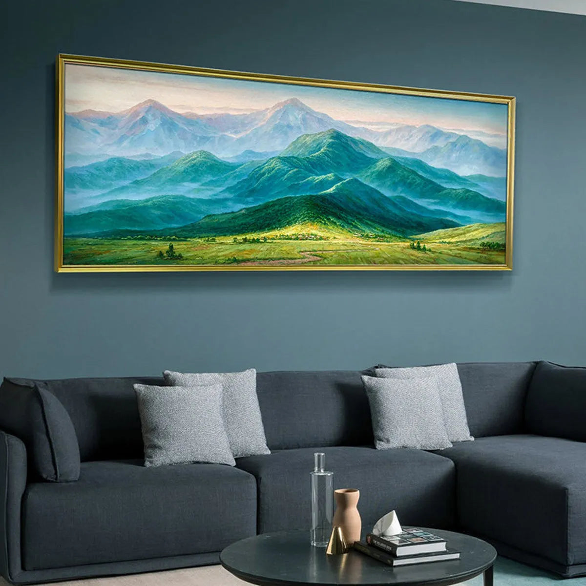 Emerald Valley Vista hand-painted emerald green and ivory textured mountain valley painting shown with black frame