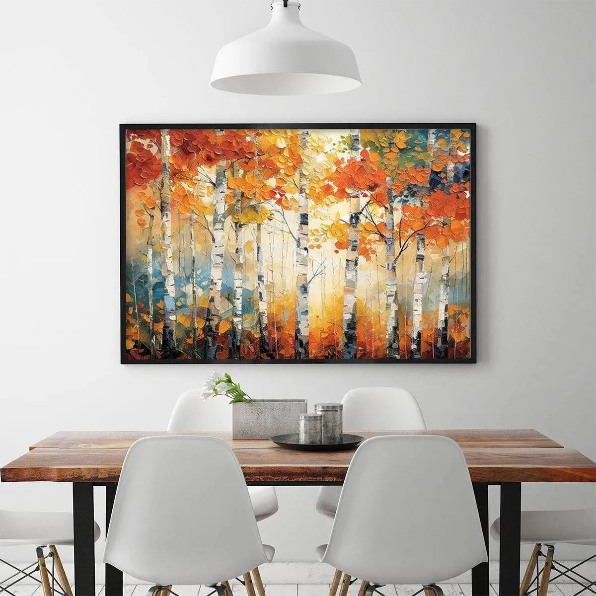 Autumn Aspen hand-painted white and gold textured forest landscape painting shown with wood frame