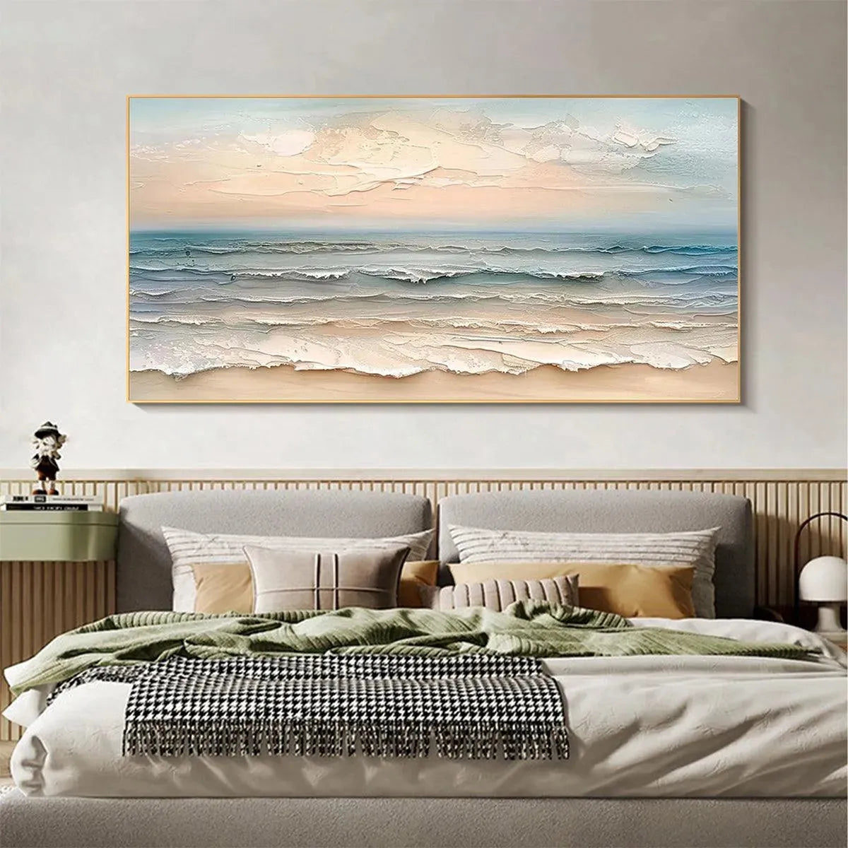 Coastal Serenity hand-painted ocean blue, ivory and soft neutral tones textured seascape painting shown as stretched canvas