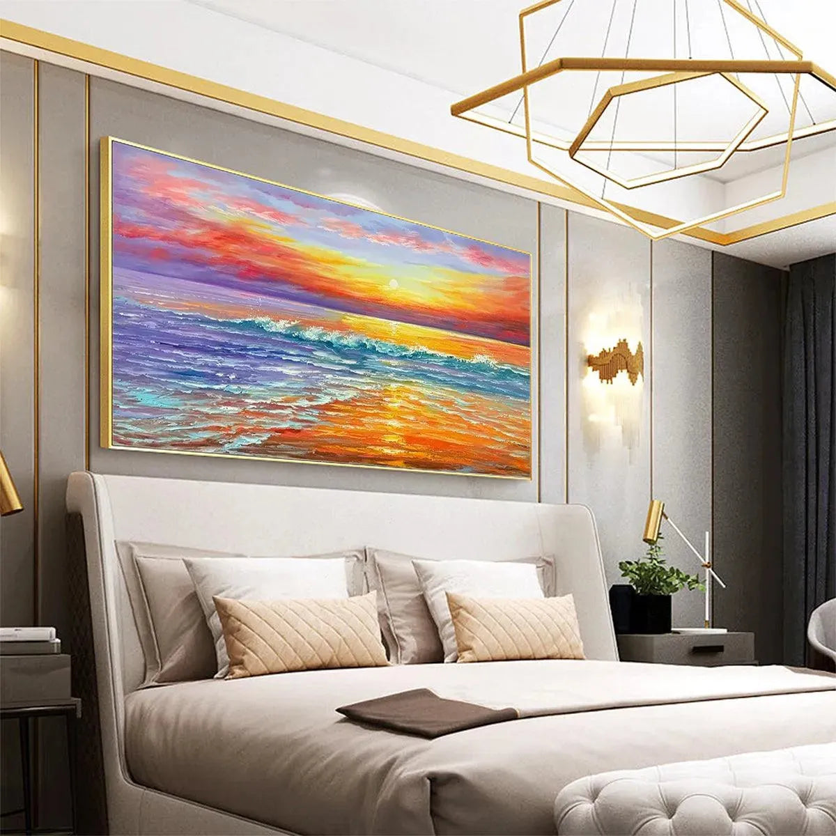 Tropical Sunset Beach hand-painted ocean blue, ivory and soft neutral tones textured sunset seascape painting shown with white frame