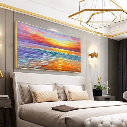 Tropical Sunset Beach hand-painted ocean blue, ivory and soft neutral tones textured sunset seascape painting shown with white frame