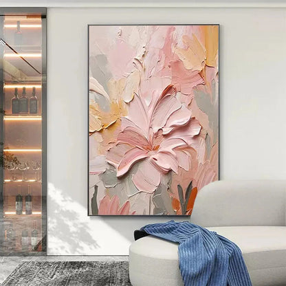 Pink and Cream Floral Impasto Painting – Blushing Blooms