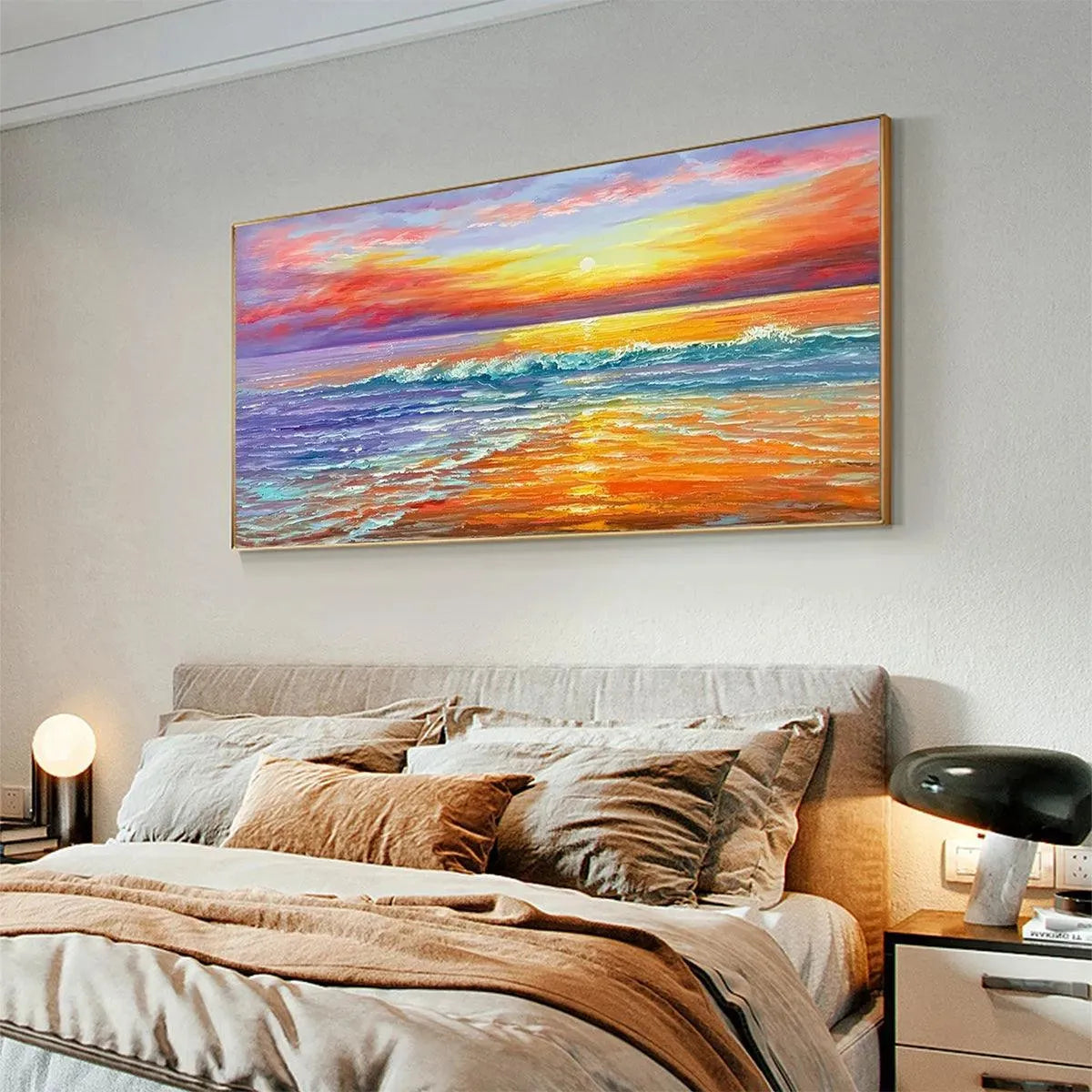 Tropical Sunset Beach hand-painted ocean blue, ivory and soft neutral tones textured sunset seascape painting rolled canvas option