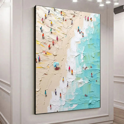 Summer Holiday hand-painted sand and ivory textured beach scene painting shown with wood frame