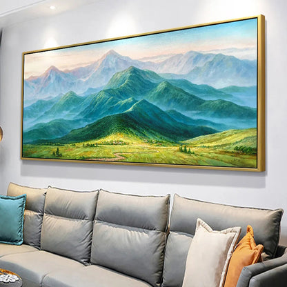 Emerald Valley Vista hand-painted emerald green and ivory textured mountain valley painting shown with wood frame