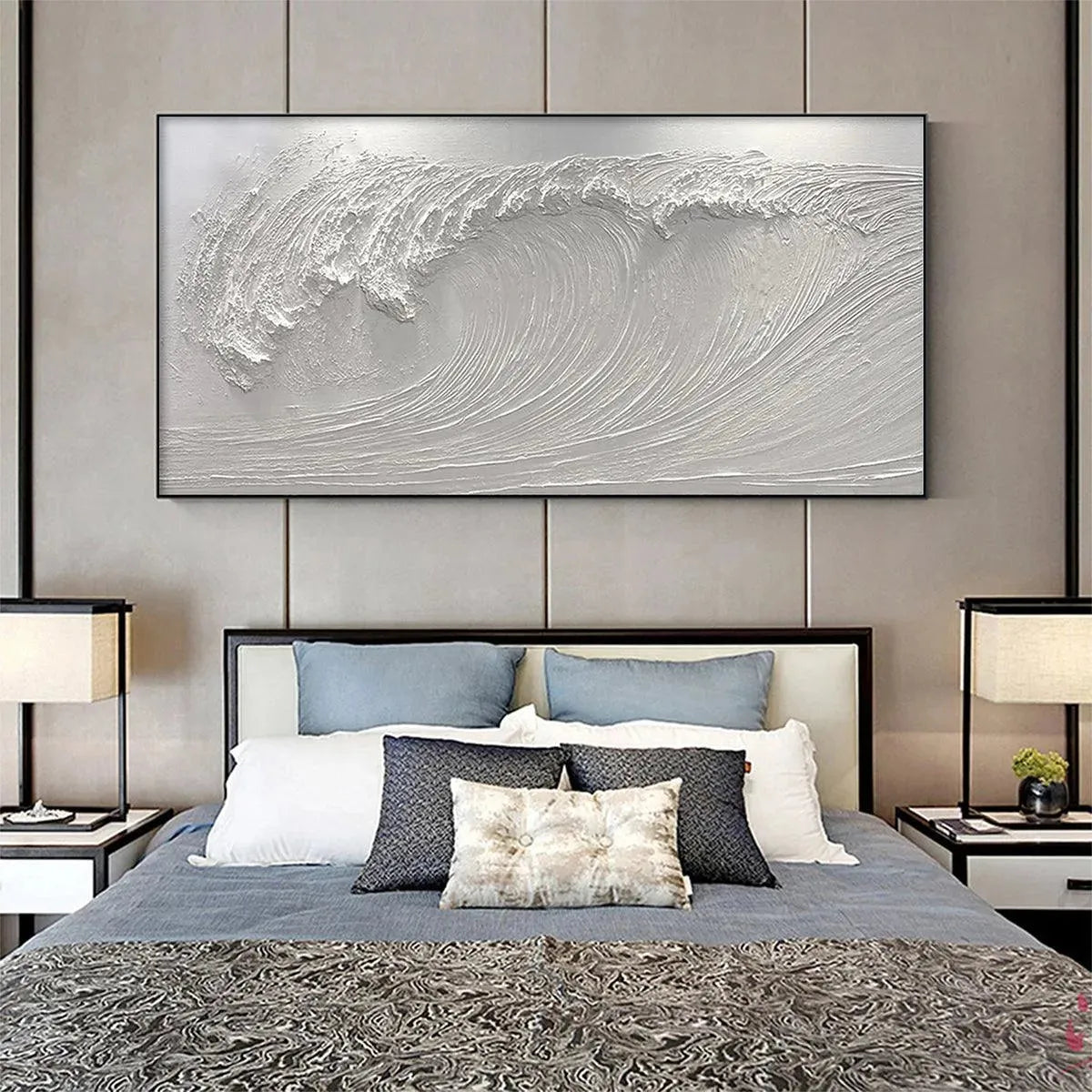 Frozen Tide hand-painted white and soft beige textured ocean wave painting shown with wood frame